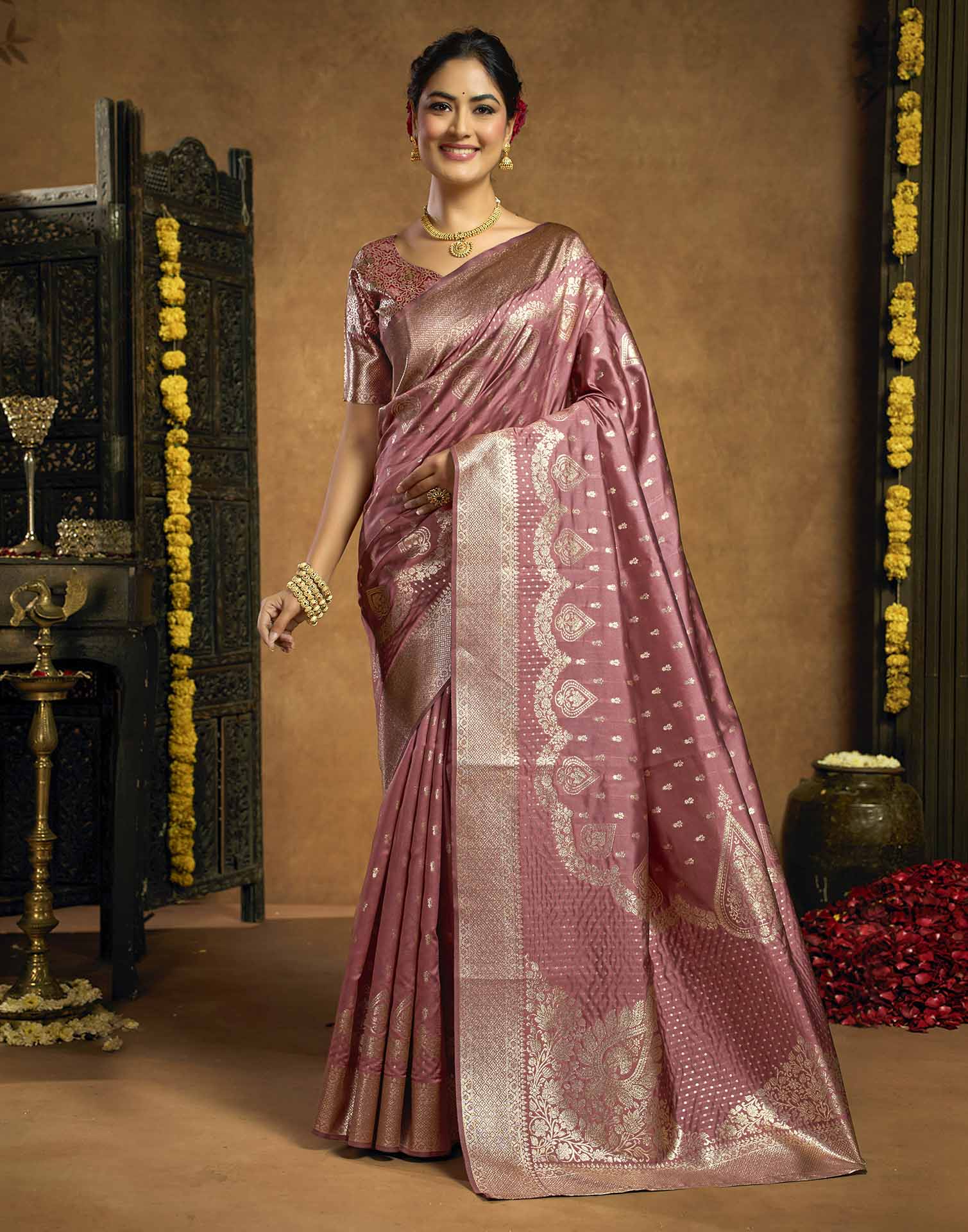 Dusty Rose Pink Silk Woven Banarasi Saree