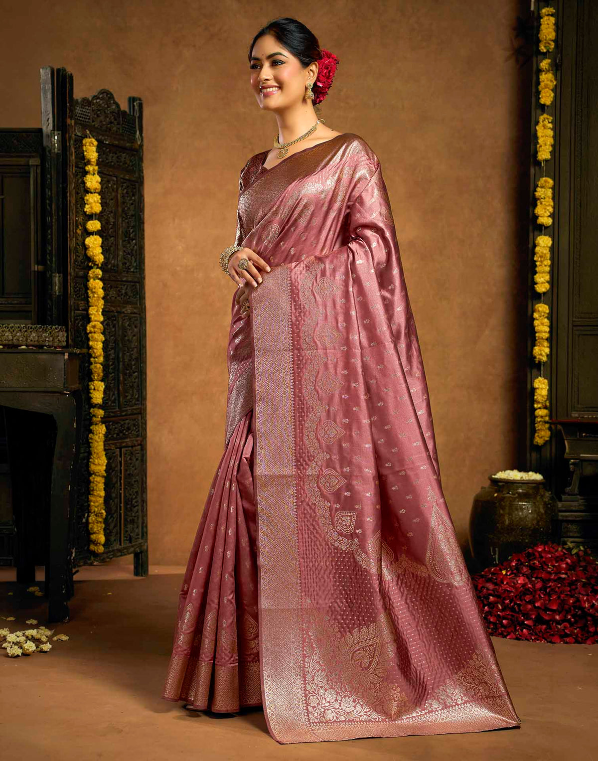 Dusty Rose Pink Silk Woven Banarasi Saree