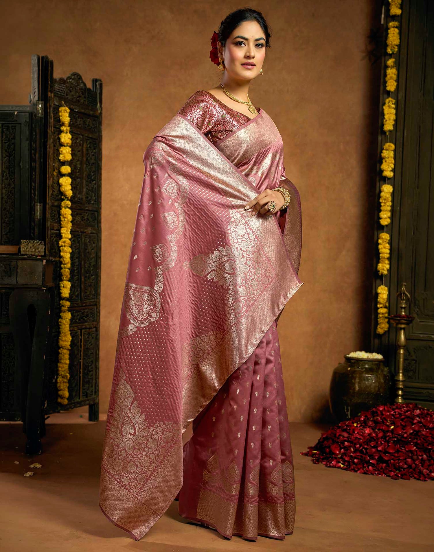 Dusty Rose Pink Silk Woven Banarasi Saree