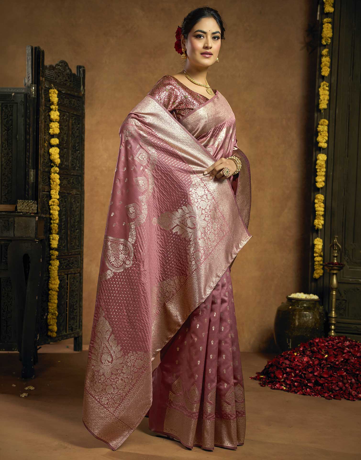 Dusty Rose Pink Silk Woven Banarasi Saree