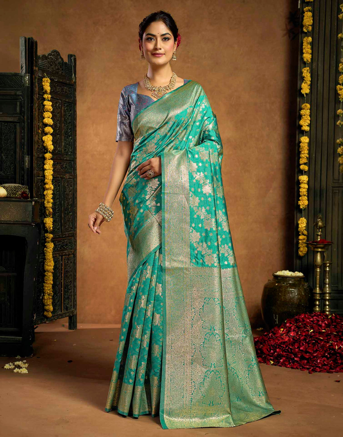Turquoise Silk Woven Banarasi Saree