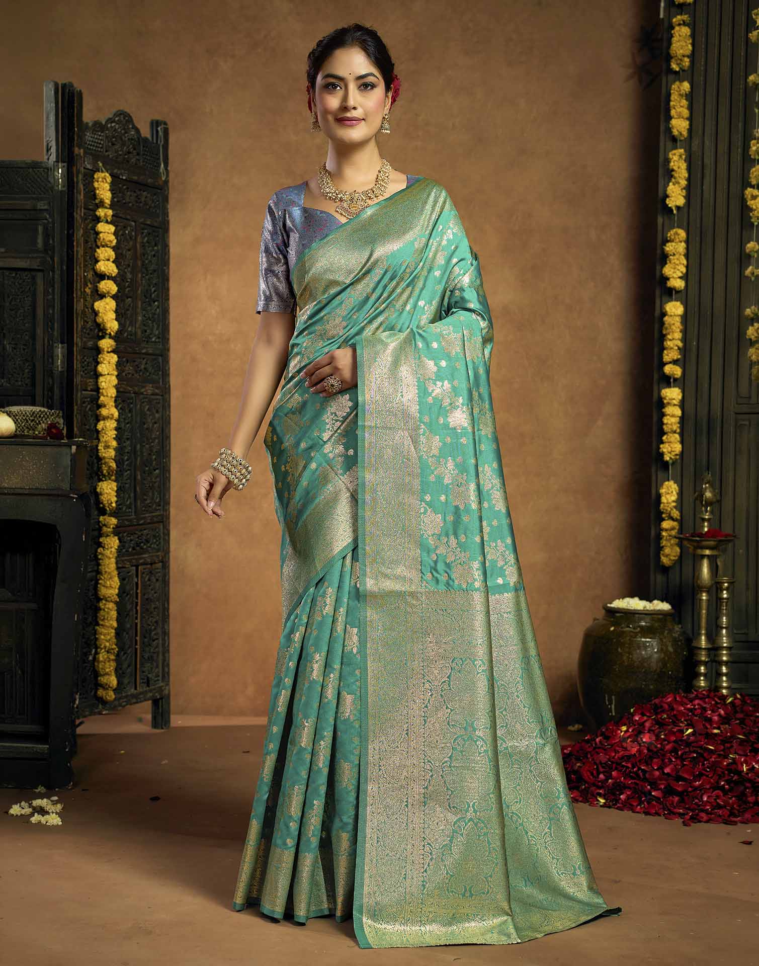 Turquoise Silk Woven Banarasi Saree