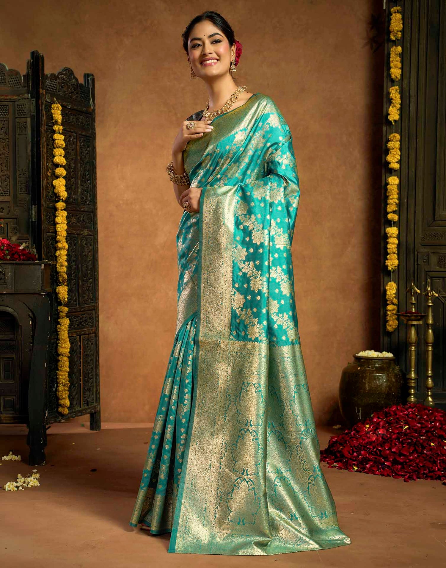 Turquoise Silk Woven Banarasi Saree
