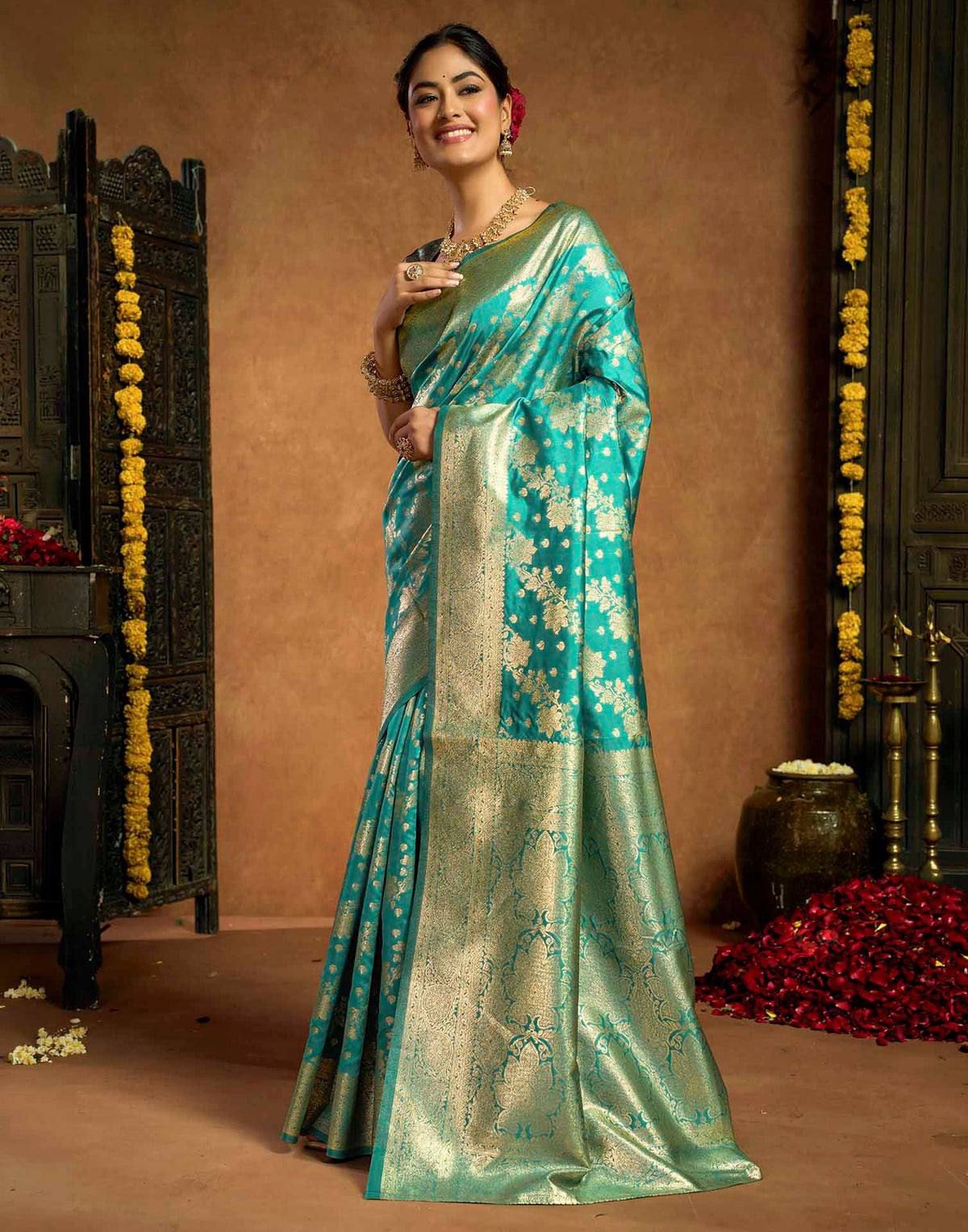 Turquoise Silk Woven Banarasi Saree