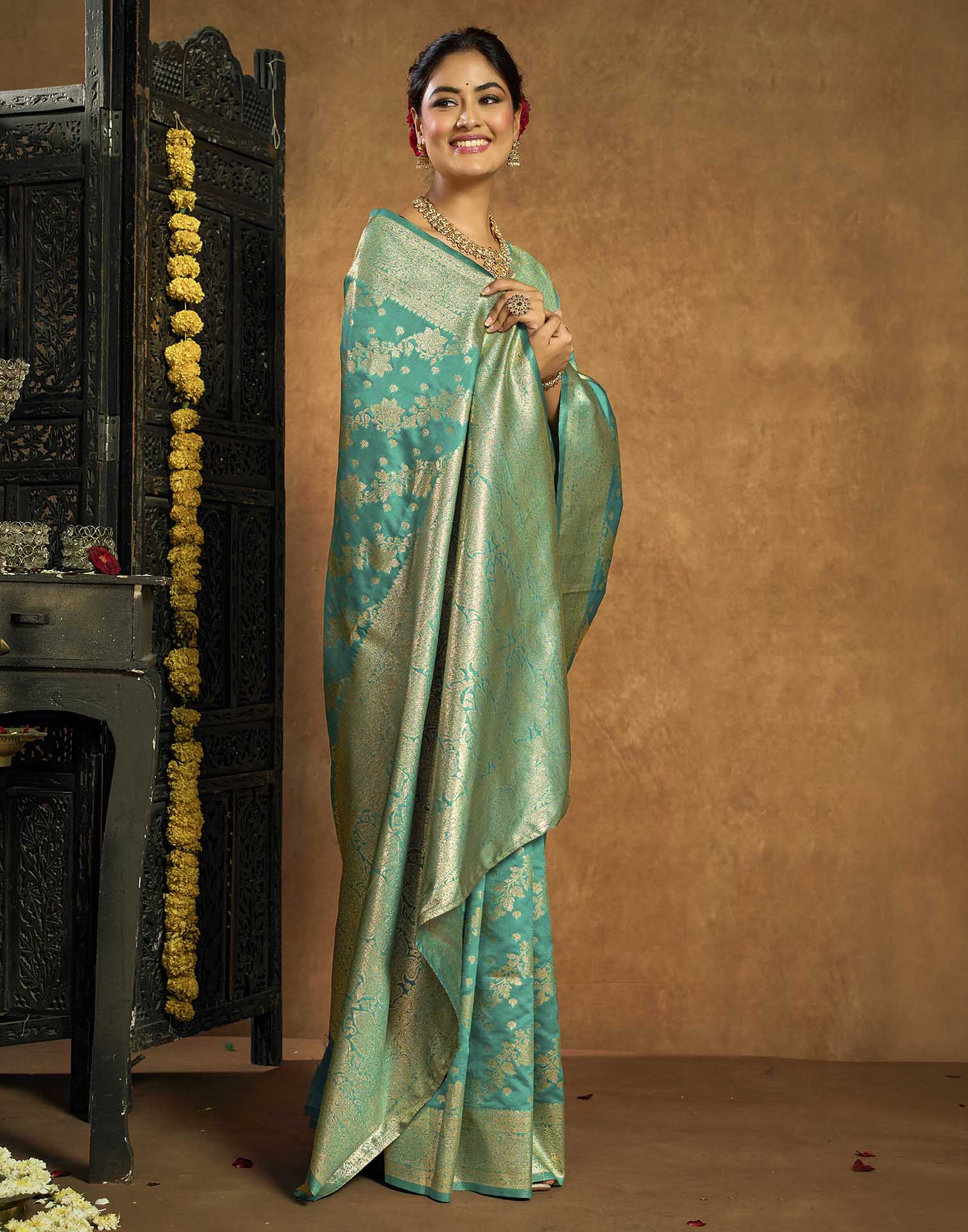 Turquoise Silk Woven Banarasi Saree