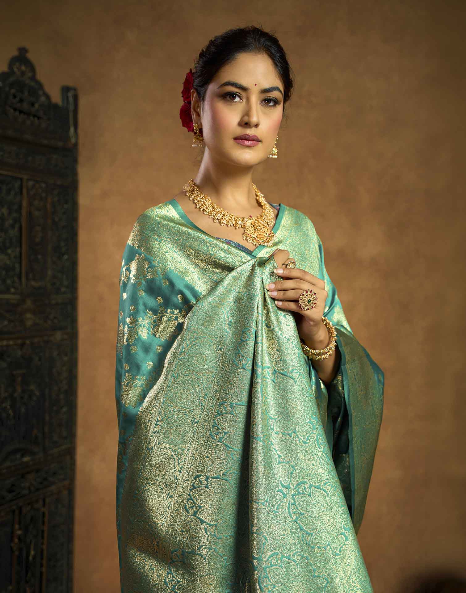 Turquoise Silk Woven Banarasi Saree