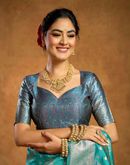 Turquoise Silk Woven Banarasi Saree