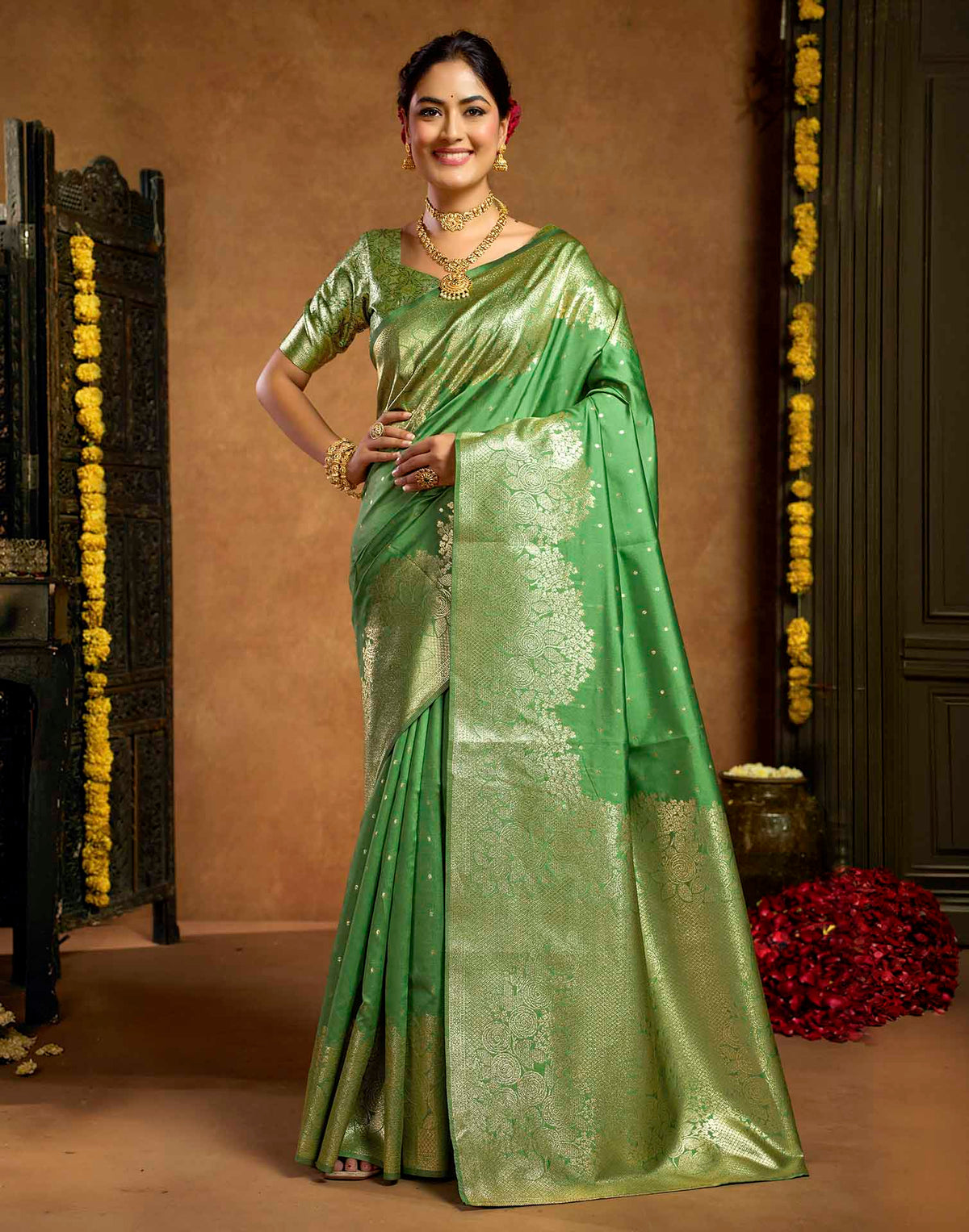 Pista Green Silk Woven Banarasi Saree