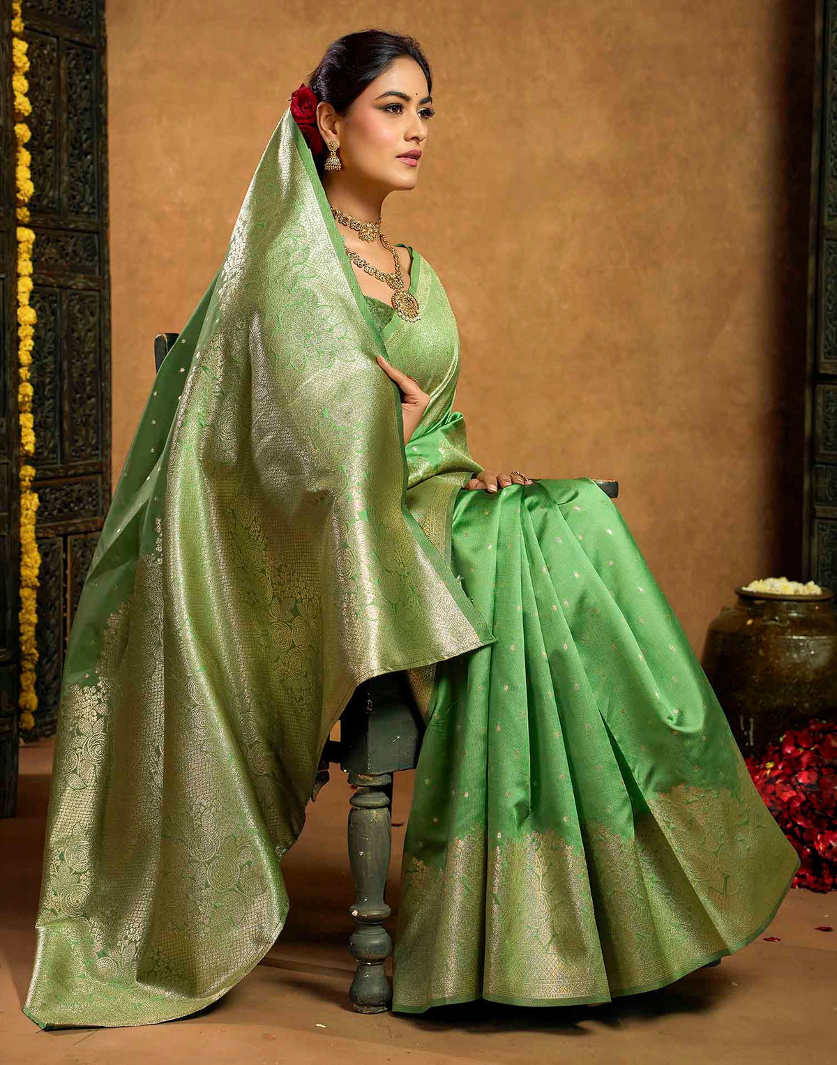 Pista Green Silk Woven Banarasi Saree