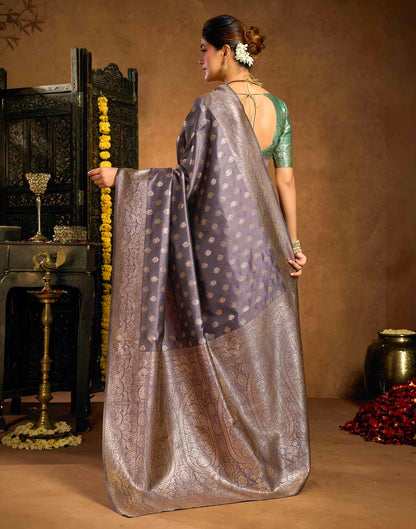 Greyish Purple Silk Woven Banarasi Saree