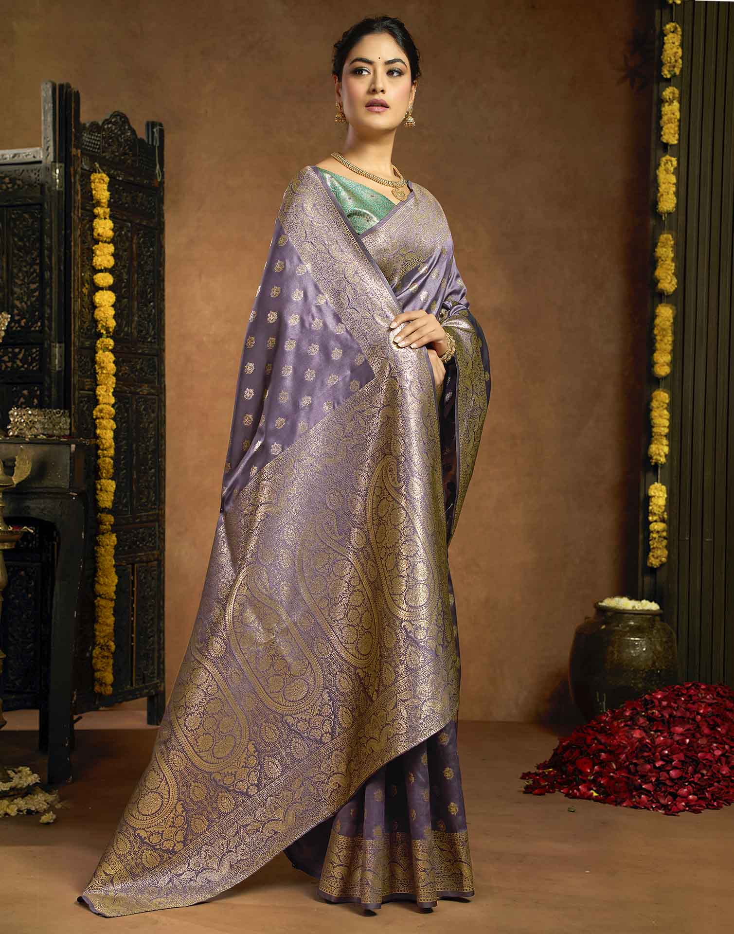 Greyish Purple Silk Woven Banarasi Saree