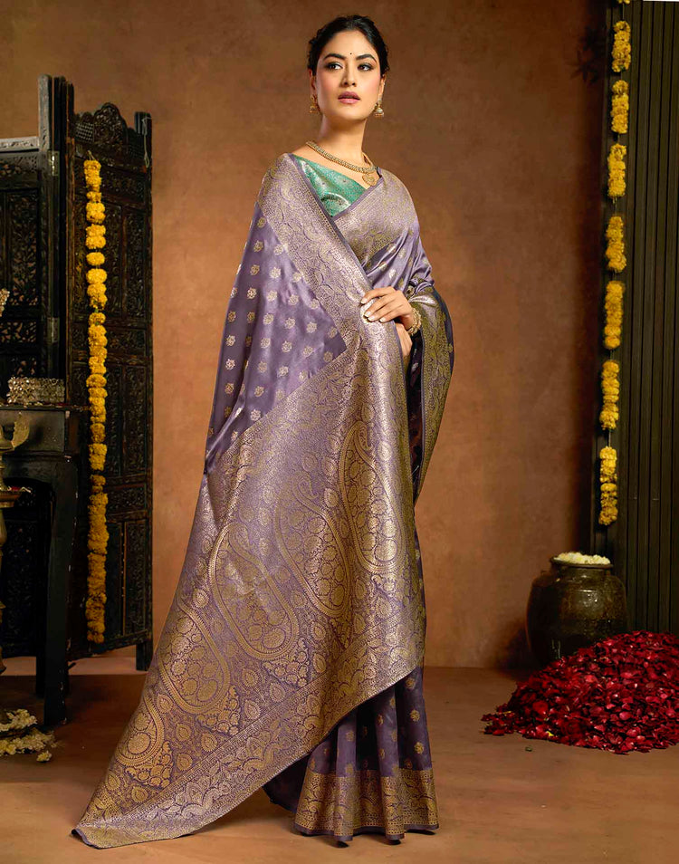Greyish Purple Silk Woven Banarasi Saree