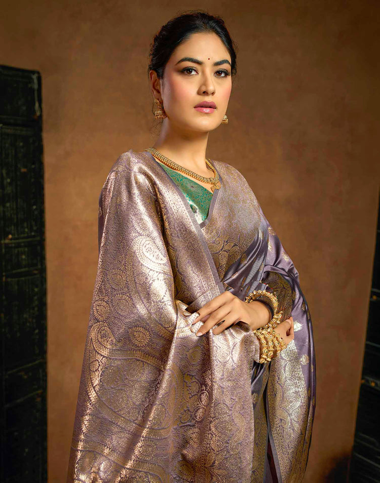 Greyish Purple Silk Woven Banarasi Saree