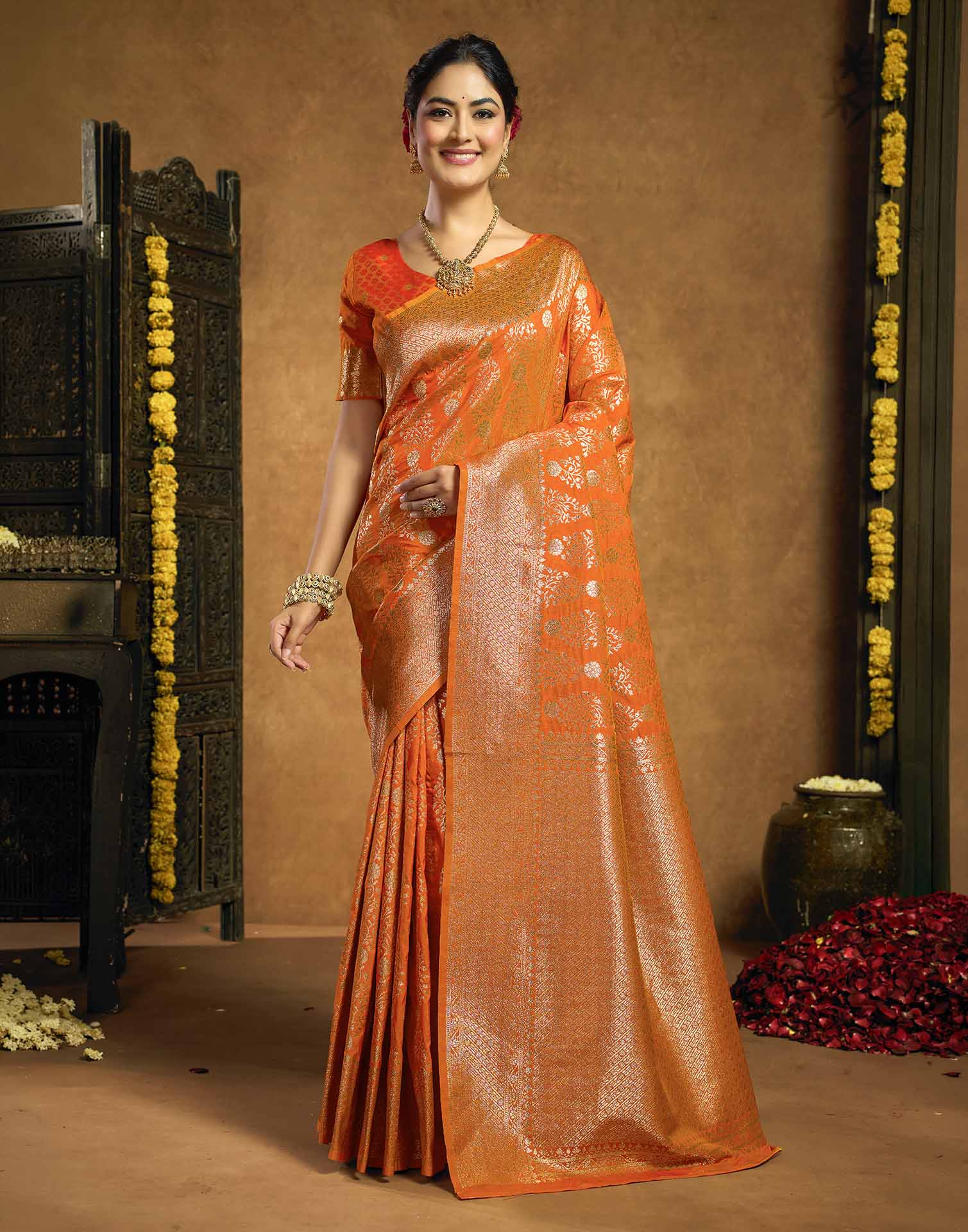 Orange Silk Woven Banarasi Saree