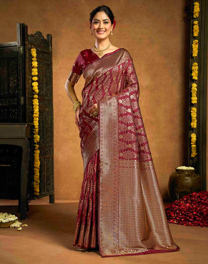 Burgundy Silk Woven Banarasi Saree