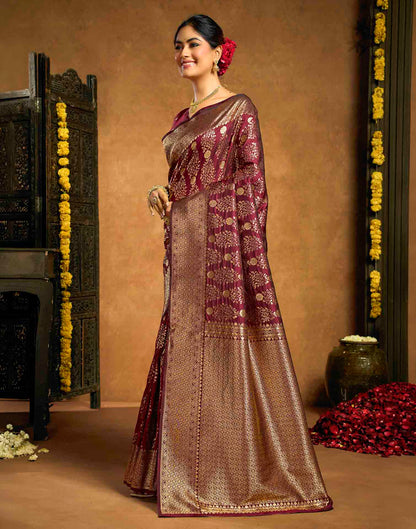 Burgundy Silk Woven Banarasi Saree
