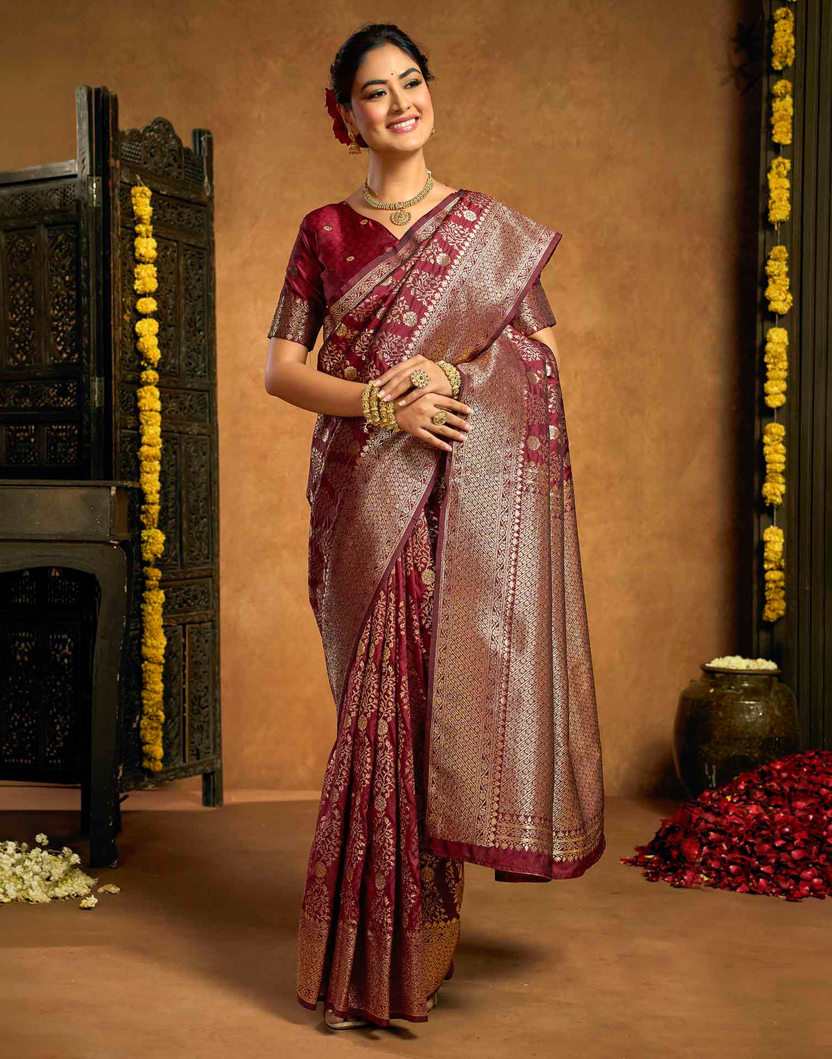Burgundy Silk Woven Banarasi Saree