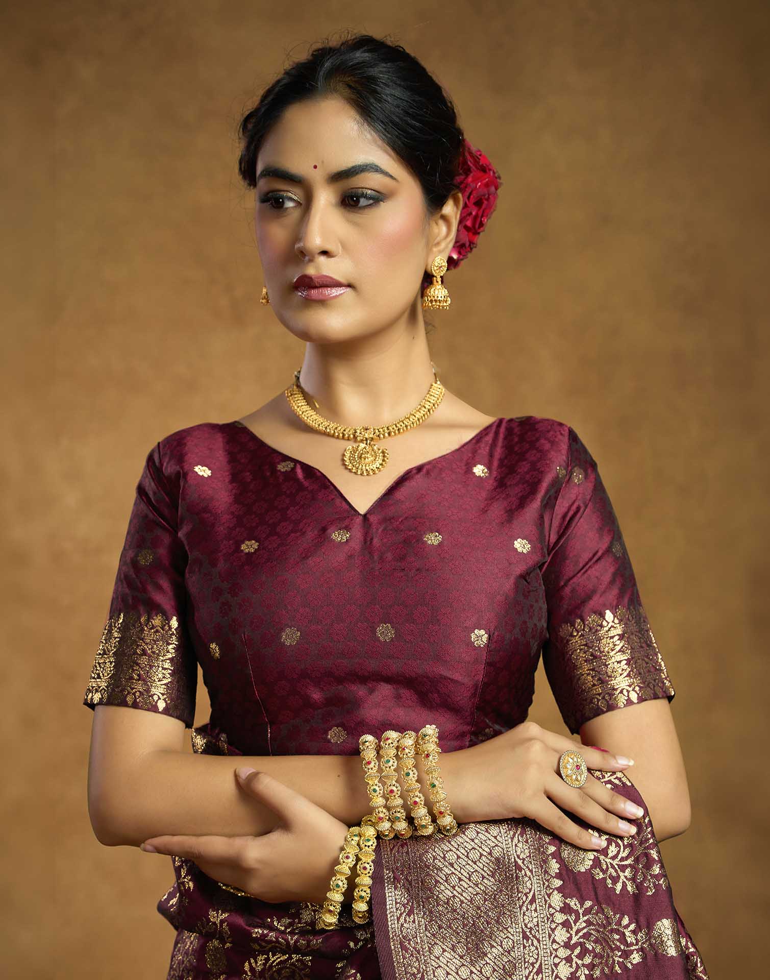Burgundy Silk Woven Banarasi Saree