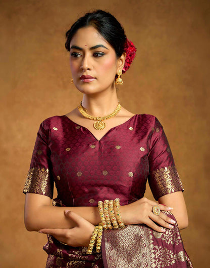 Burgundy Silk Woven Banarasi Saree