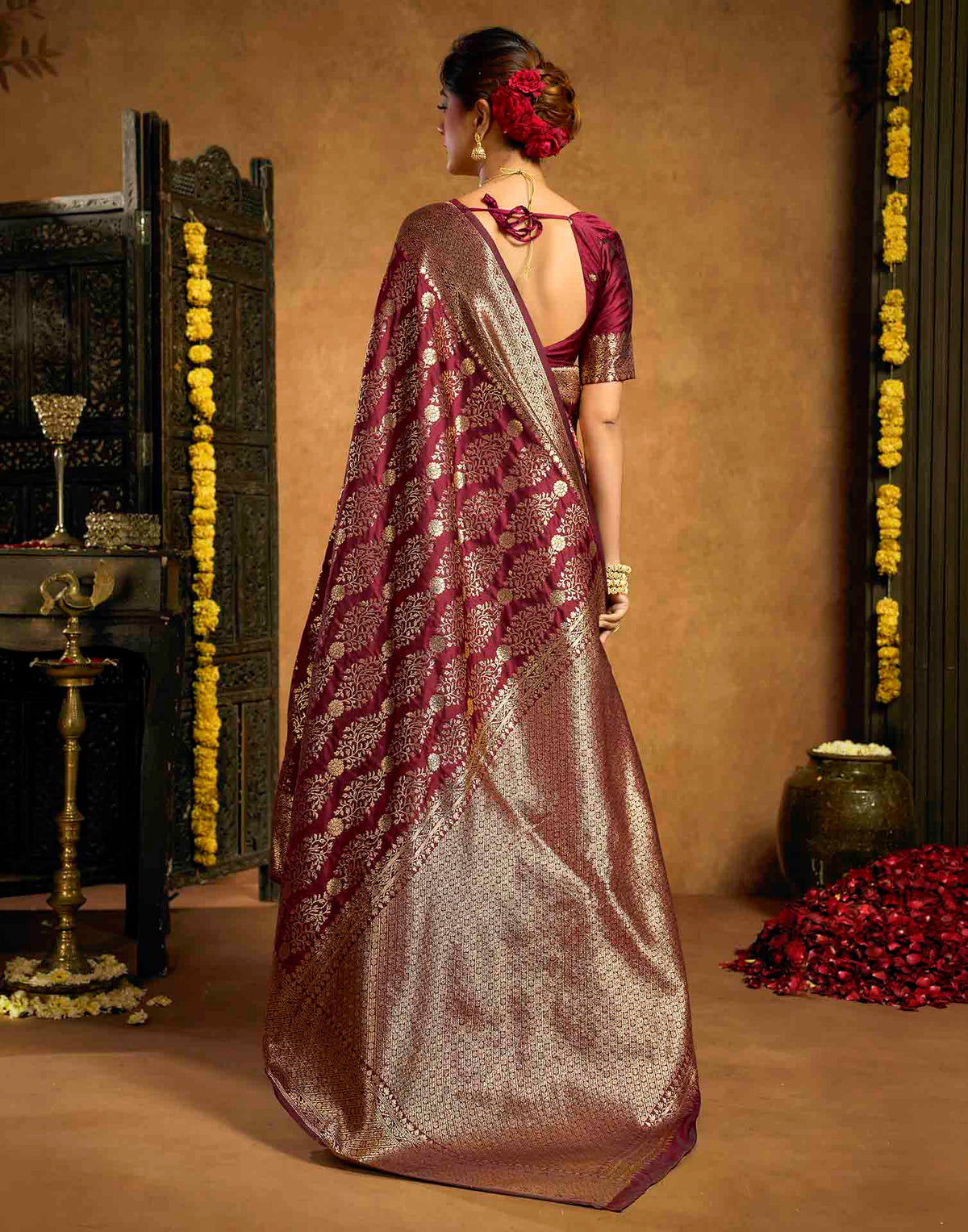 Burgundy Silk Woven Banarasi Saree
