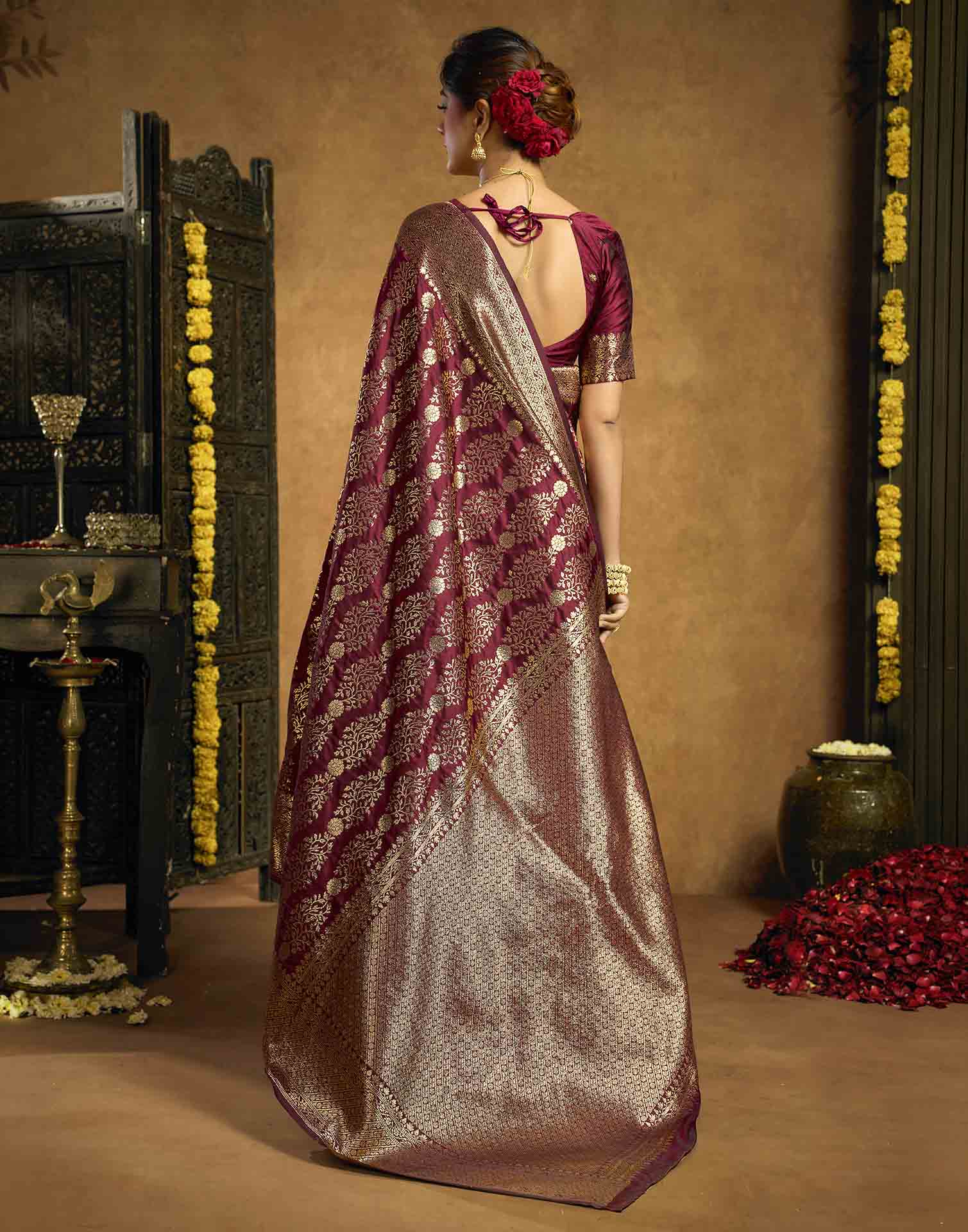 Burgundy Silk Woven Banarasi Saree
