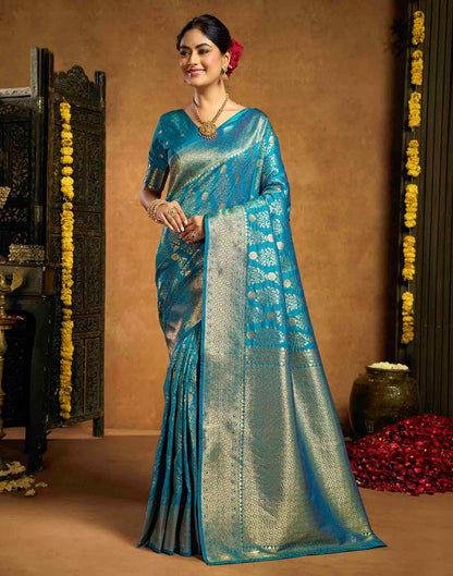 Teal Blue Silk Woven Banarasi Saree