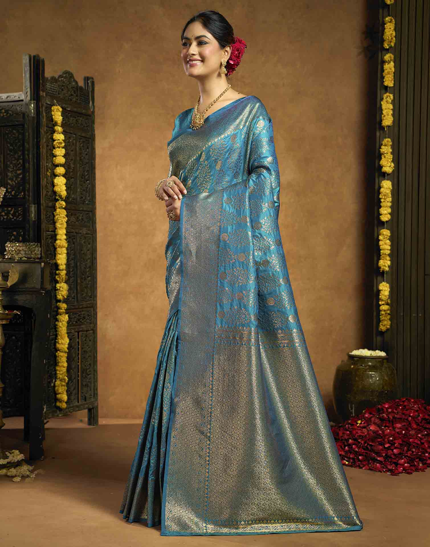 Teal Blue Silk Woven Banarasi Saree