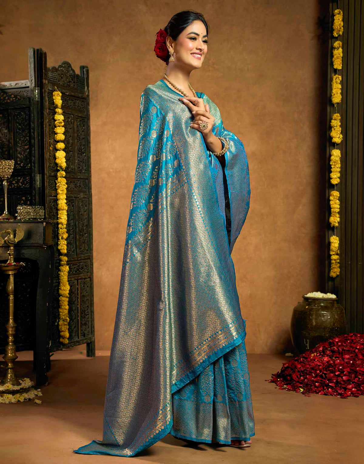Teal Blue Silk Woven Banarasi Saree
