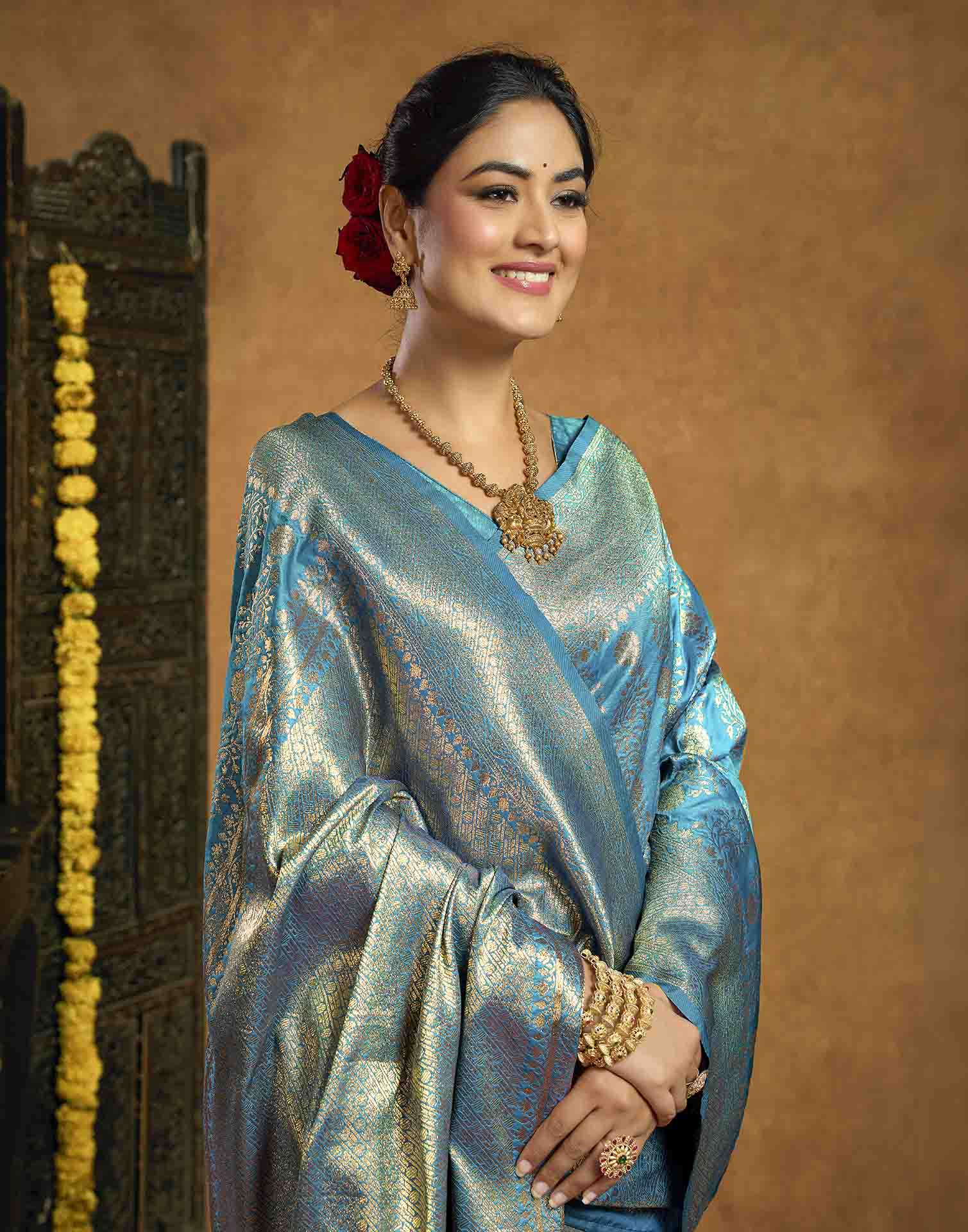 Teal Blue Silk Woven Banarasi Saree