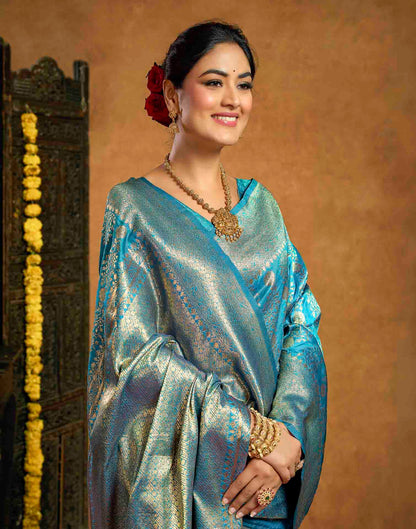 Teal Blue Silk Woven Banarasi Saree