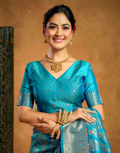 Teal Blue Silk Woven Banarasi Saree