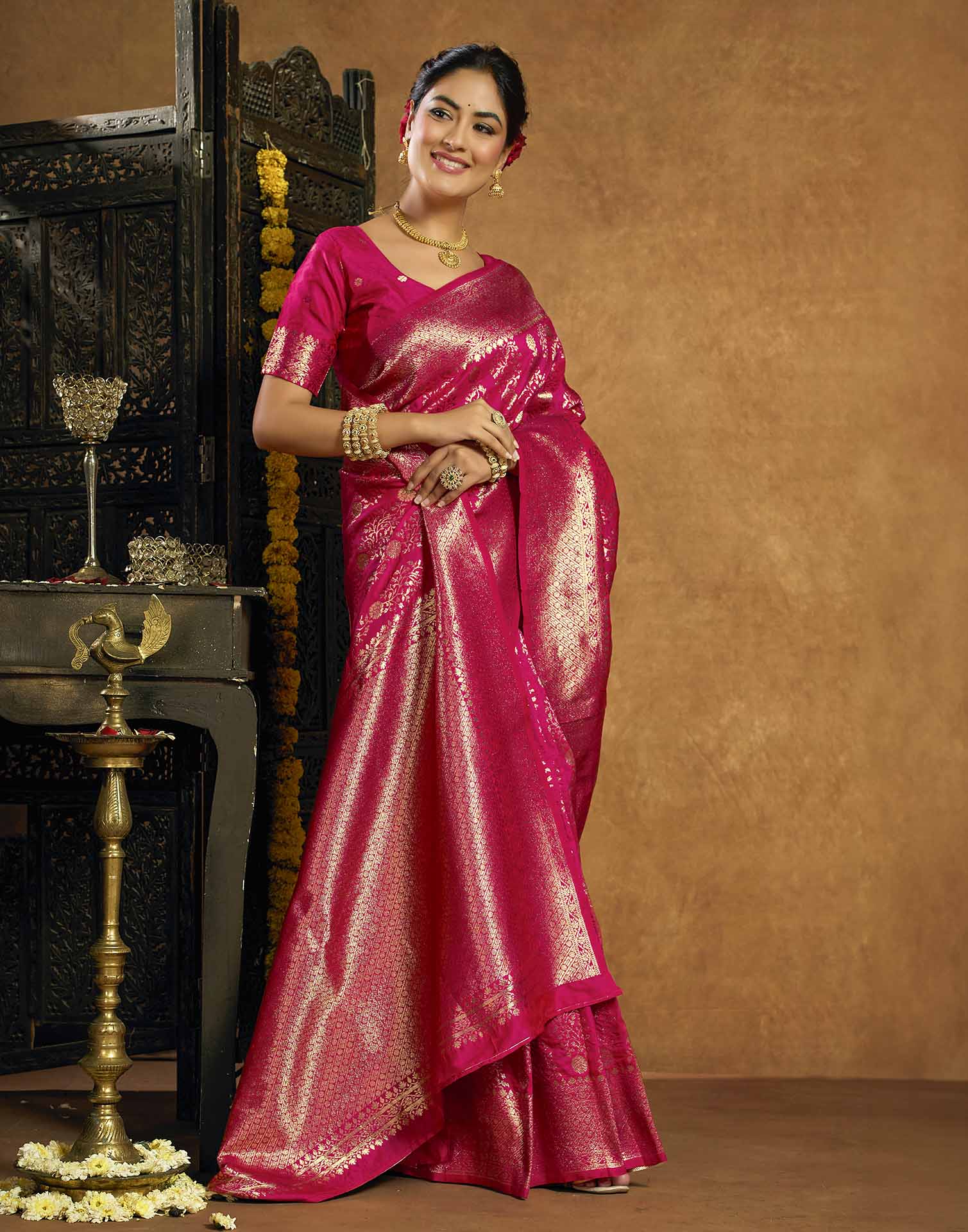 Rani Pink Silk Woven Banarasi Saree