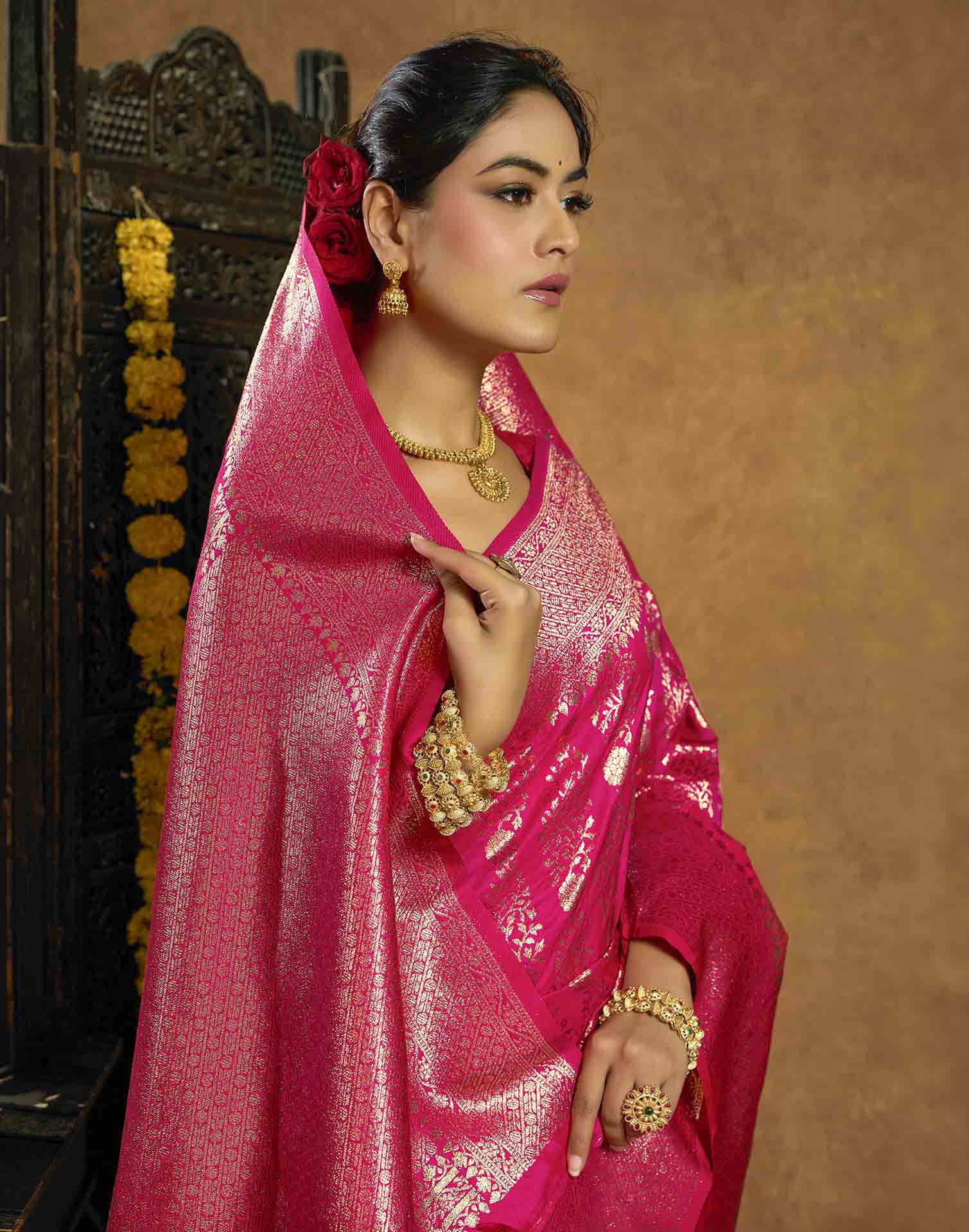 Rani Pink Silk Woven Banarasi Saree