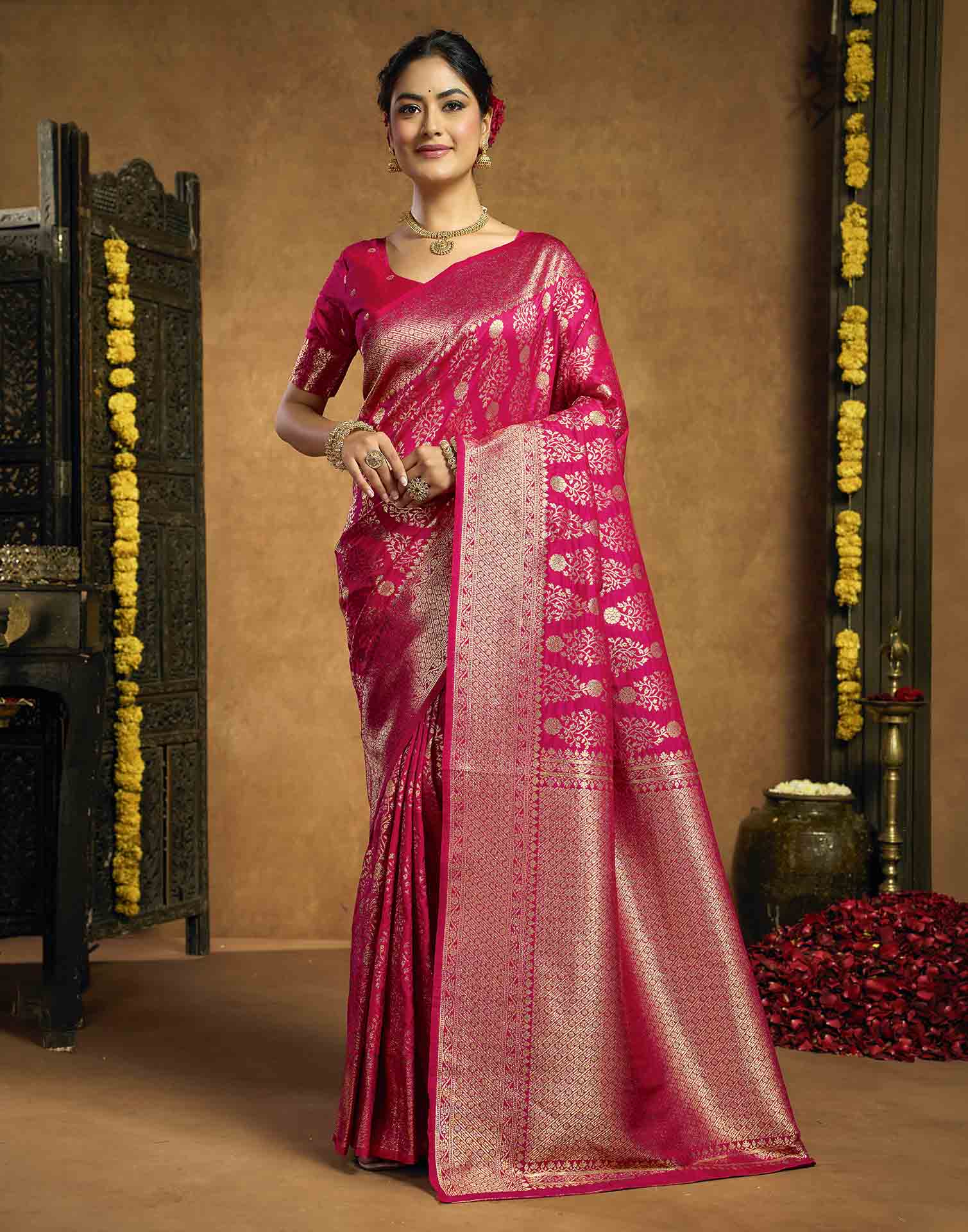 Rani Pink Silk Woven Banarasi Saree