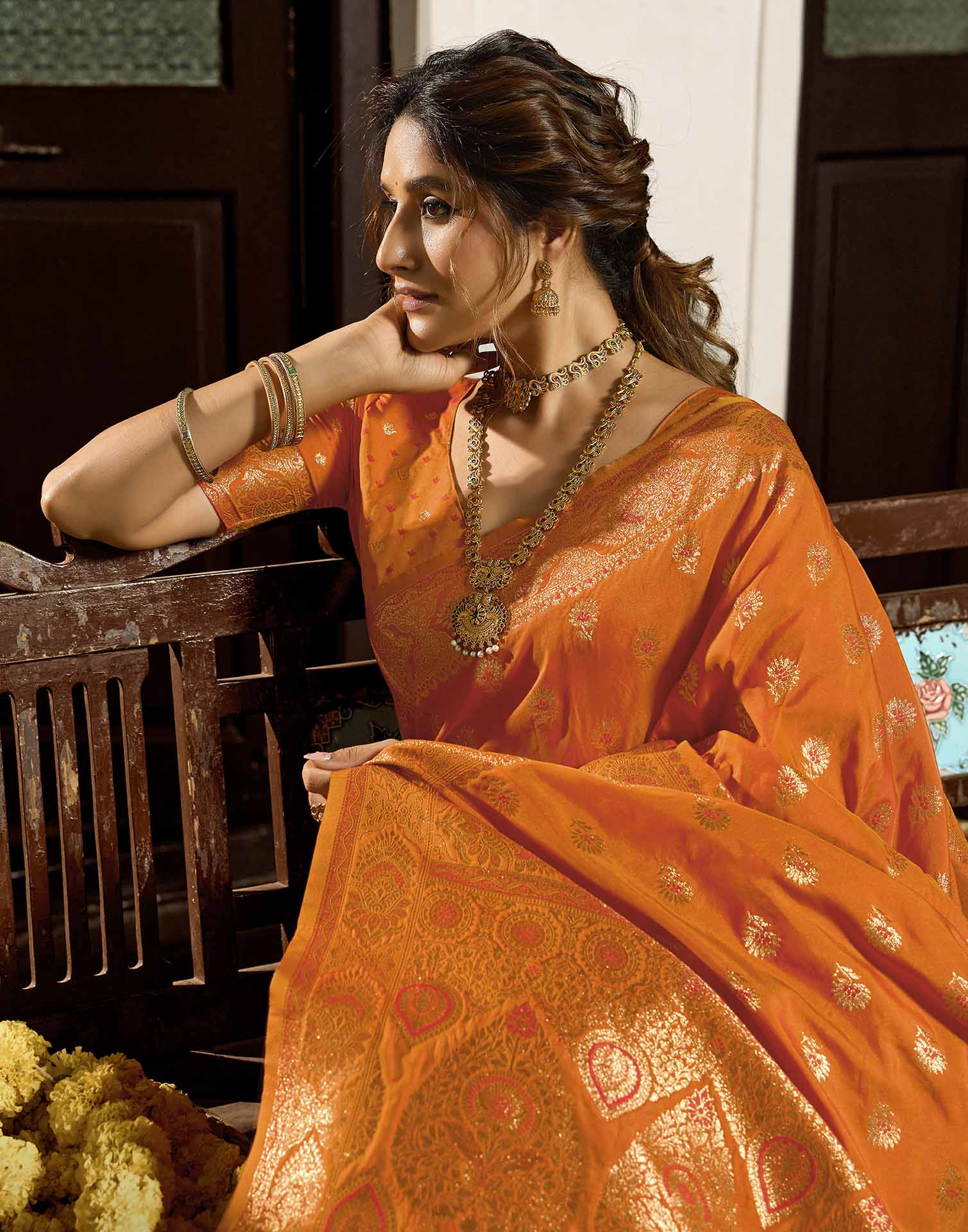Orange Silk Woven Banarasi Saree