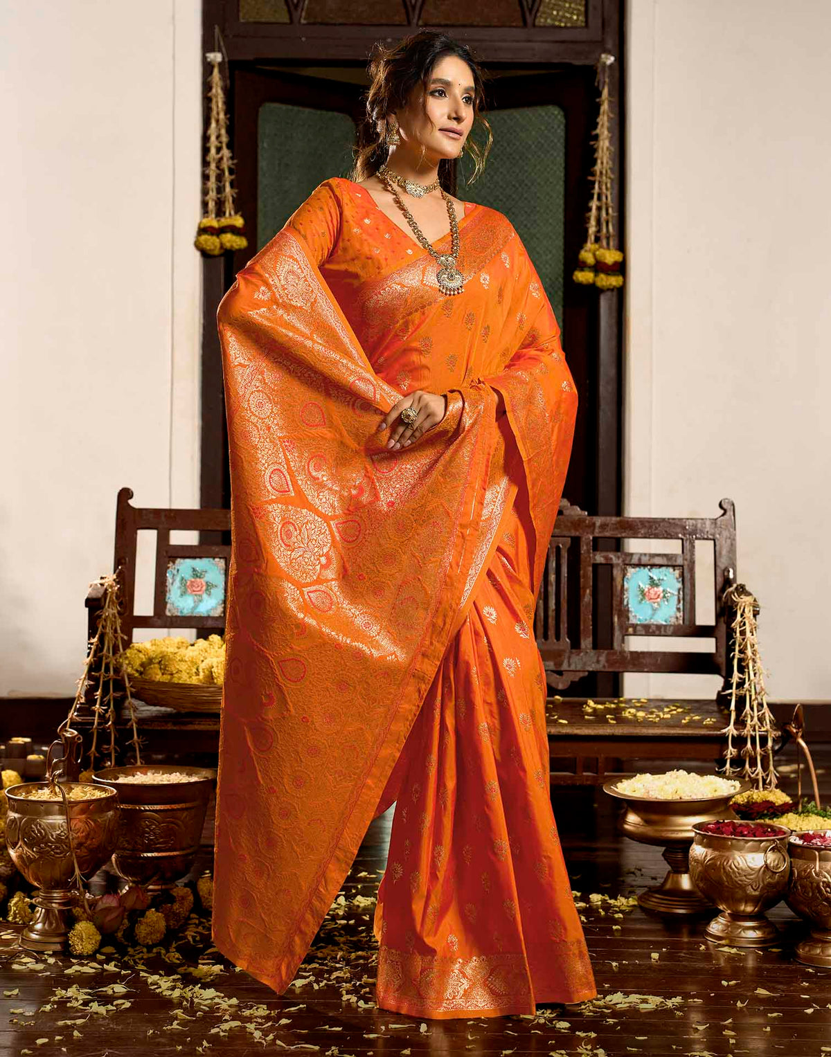 Orange Silk Woven Banarasi Saree
