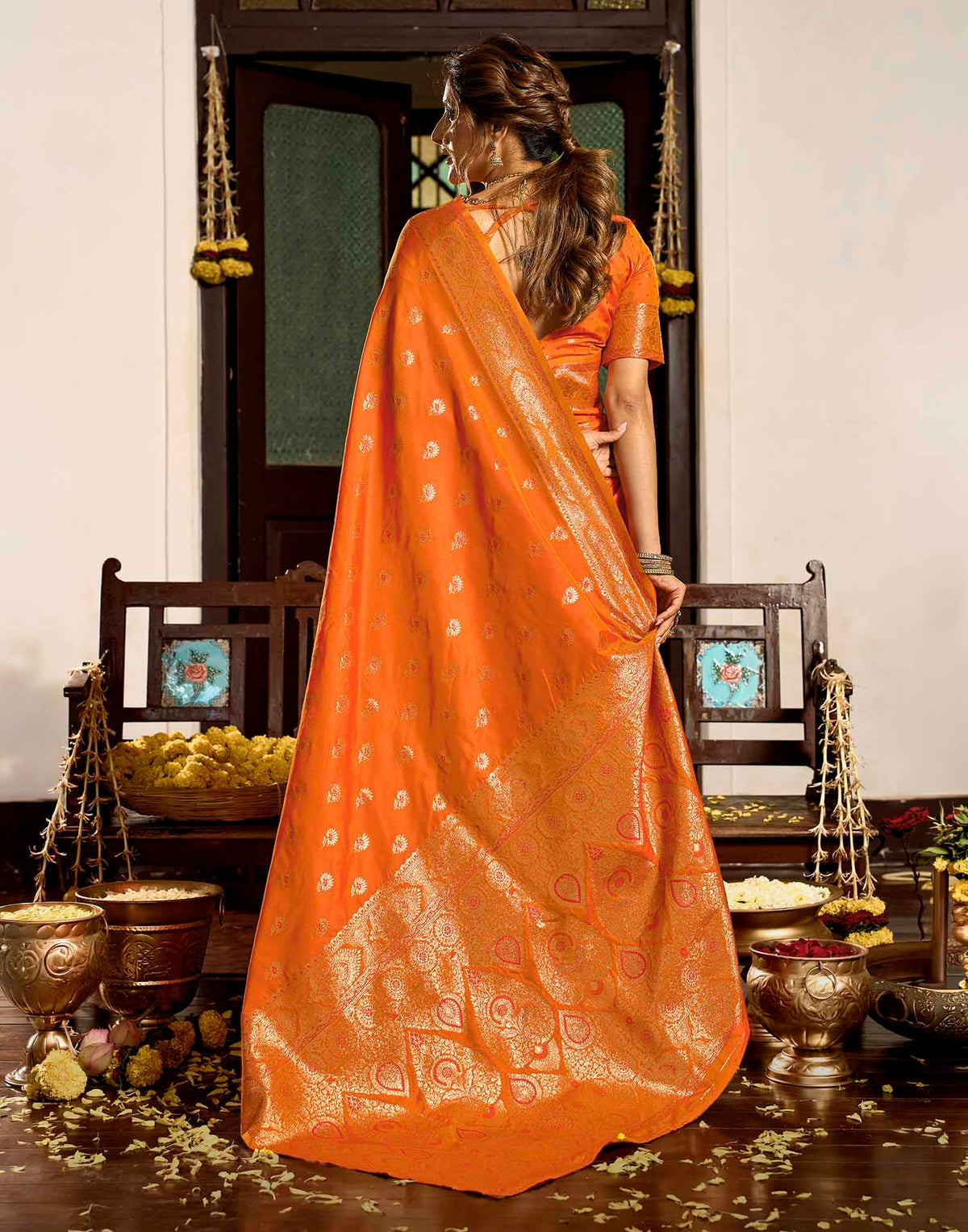 Orange Silk Woven Banarasi Saree