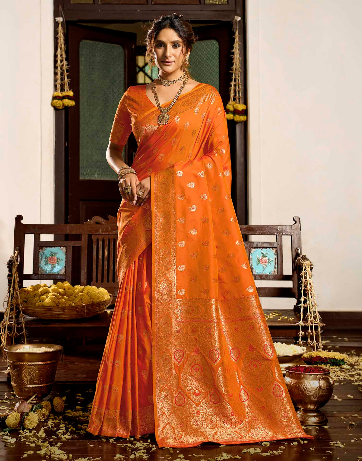 Orange Silk Woven Banarasi Saree