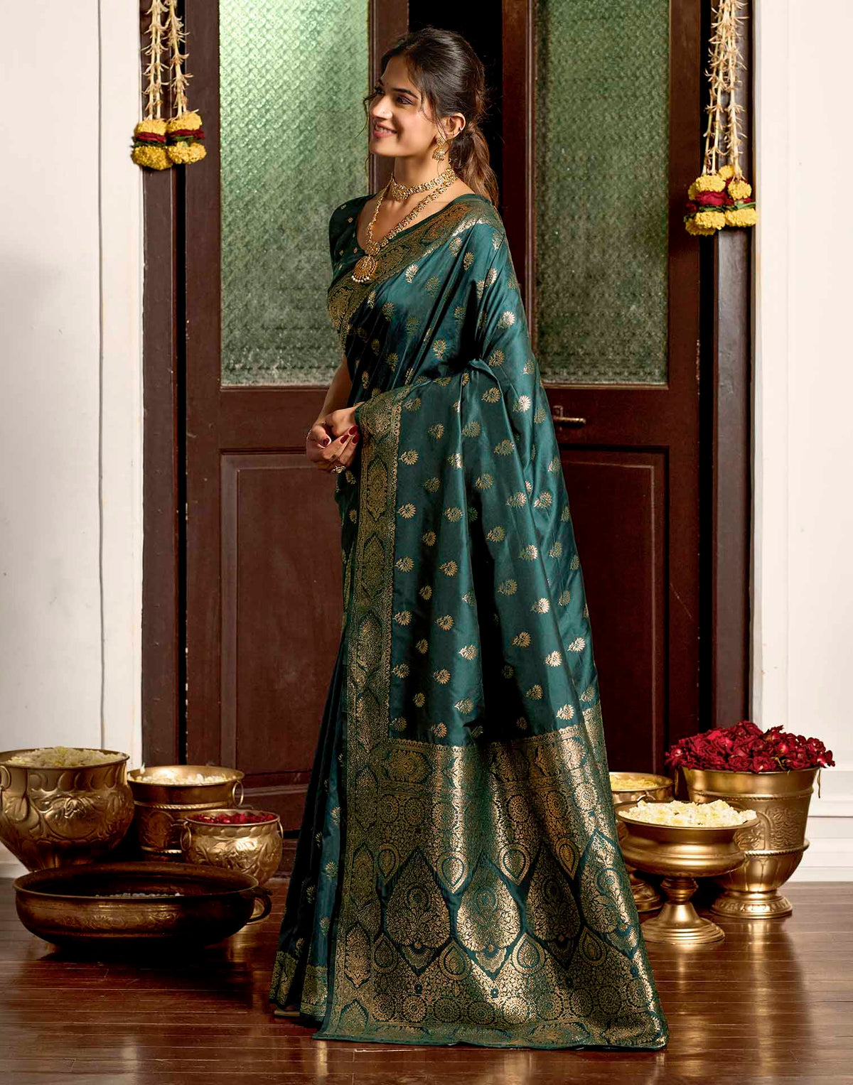 Bottle Green Silk Woven Banarasi Saree