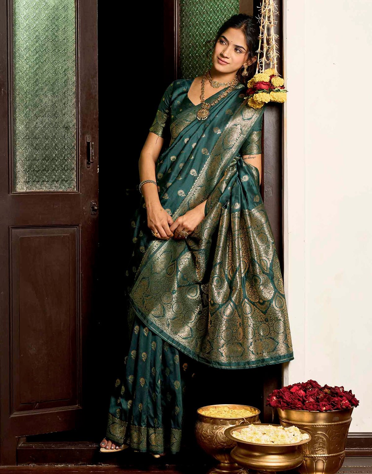 Bottle Green Silk Woven Banarasi Saree