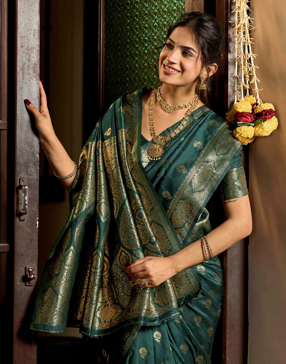 Bottle Green Silk Woven Banarasi Saree