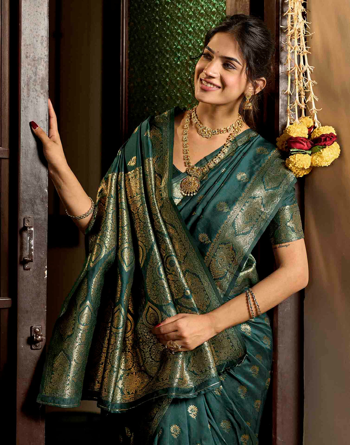 Bottle Green Silk Woven Banarasi Saree