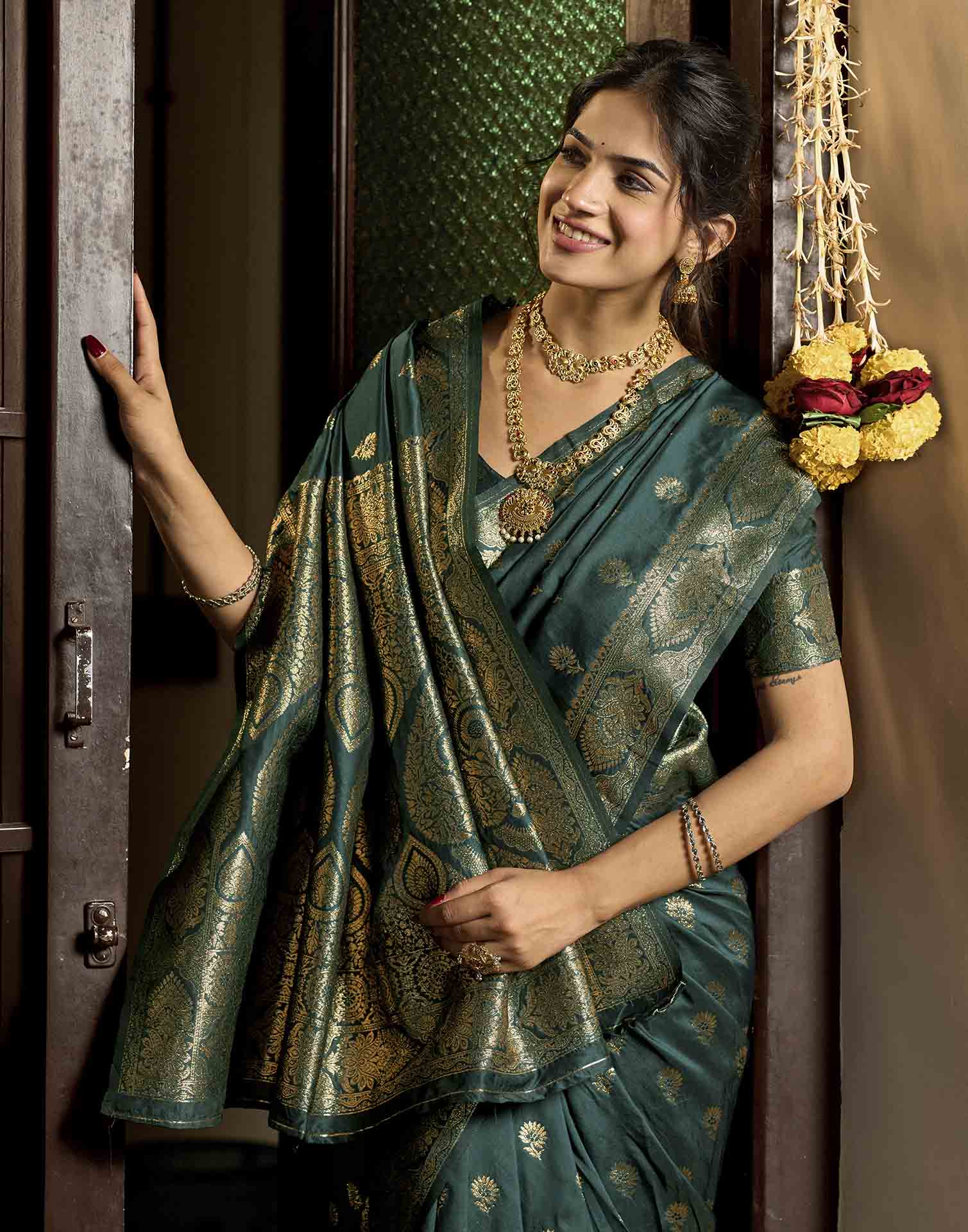 Bottle Green Silk Woven Banarasi Saree