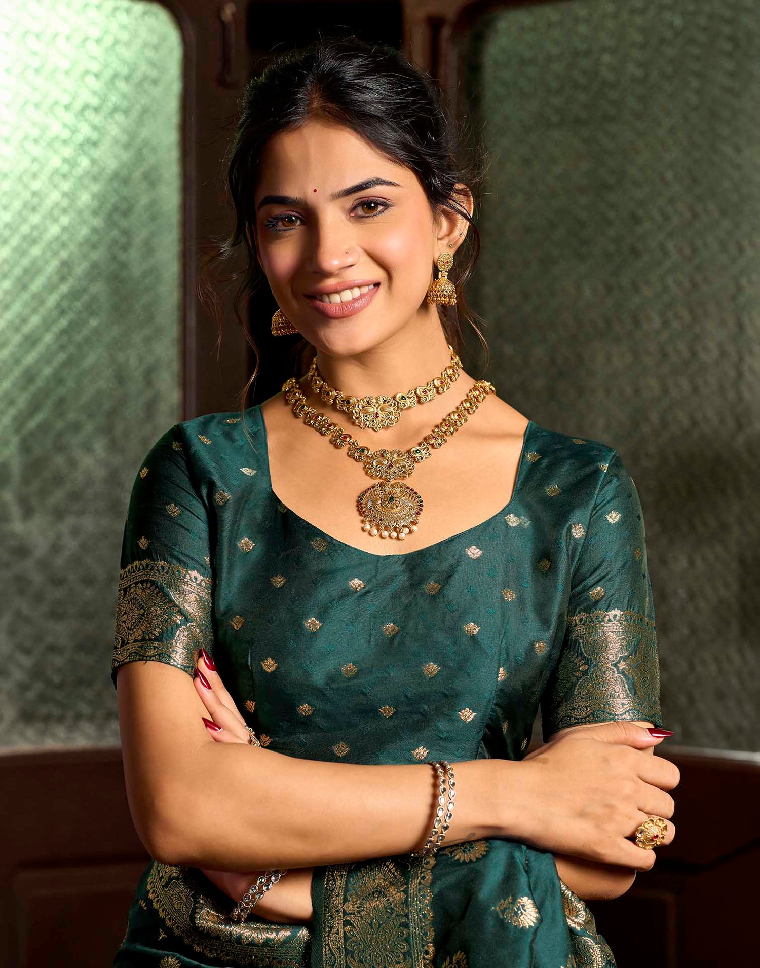 Bottle Green Silk Woven Banarasi Saree