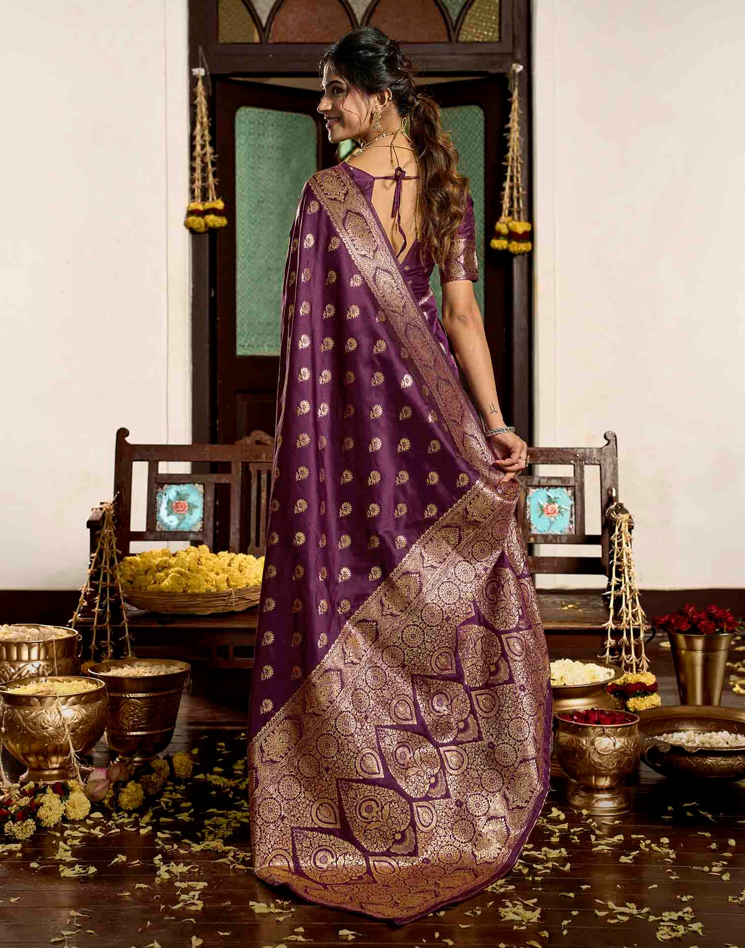 Wine Silk Woven Banarasi Saree