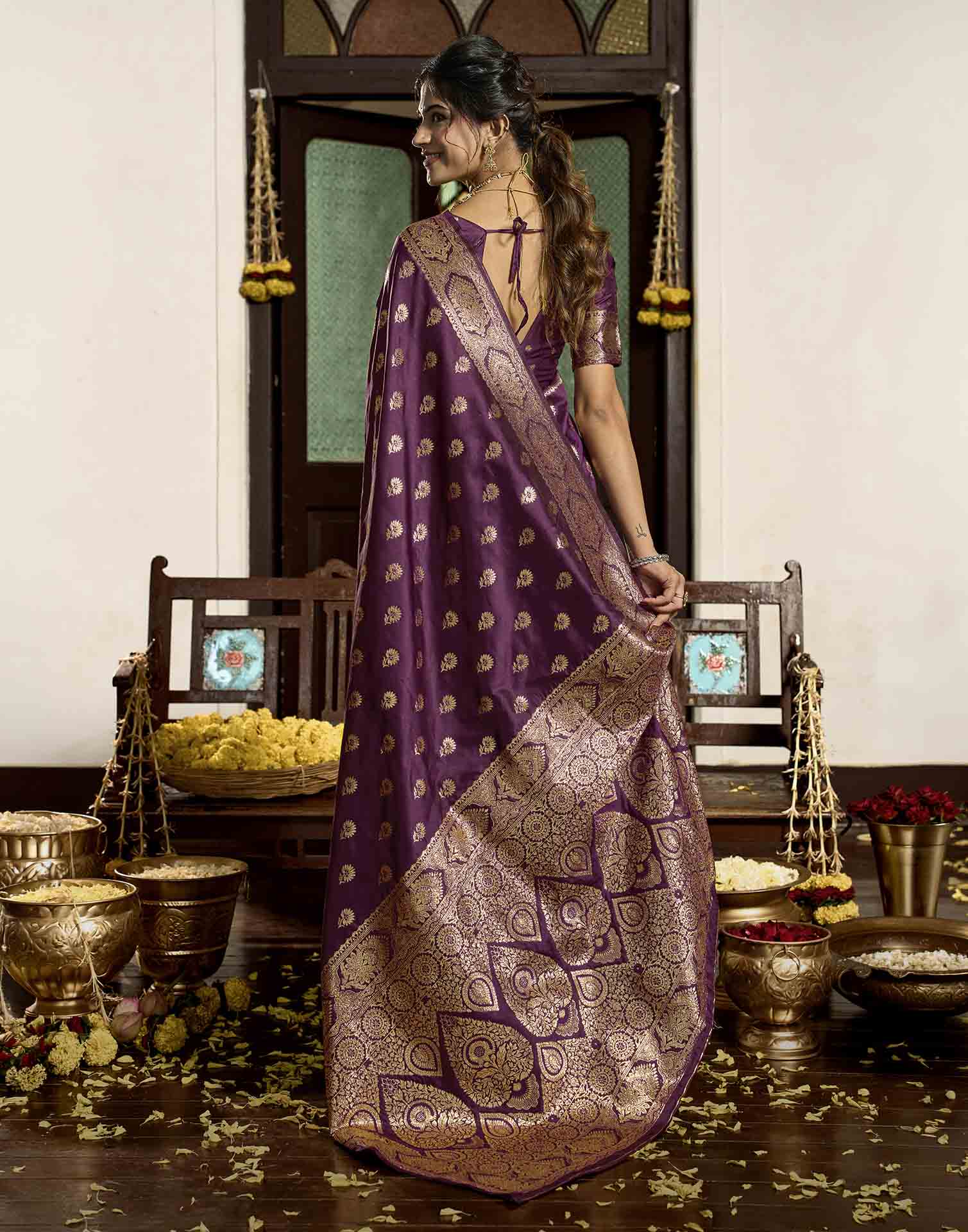Wine Silk Woven Banarasi Saree