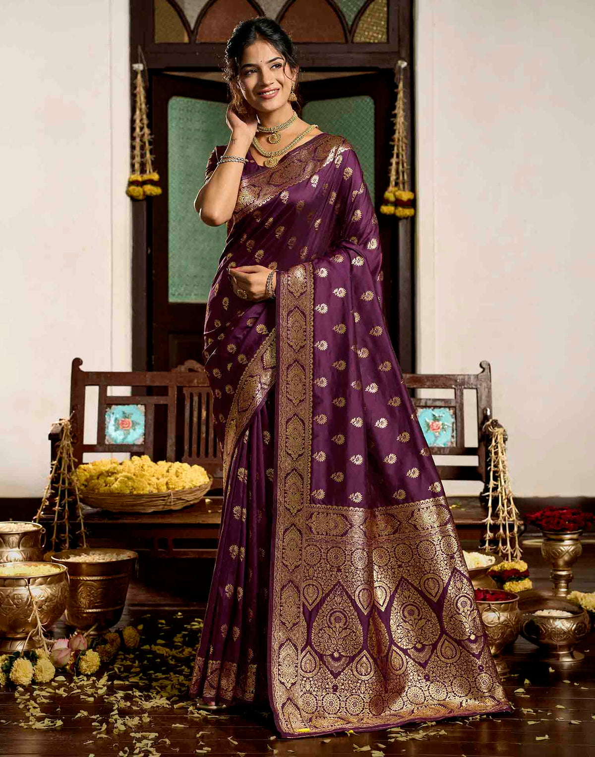 Wine Silk Woven Banarasi Saree