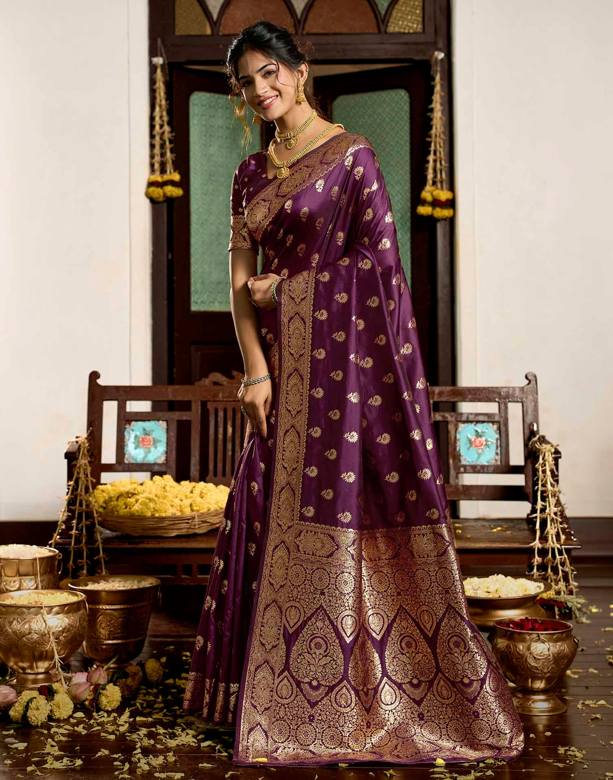 Wine Silk Woven Banarasi Saree