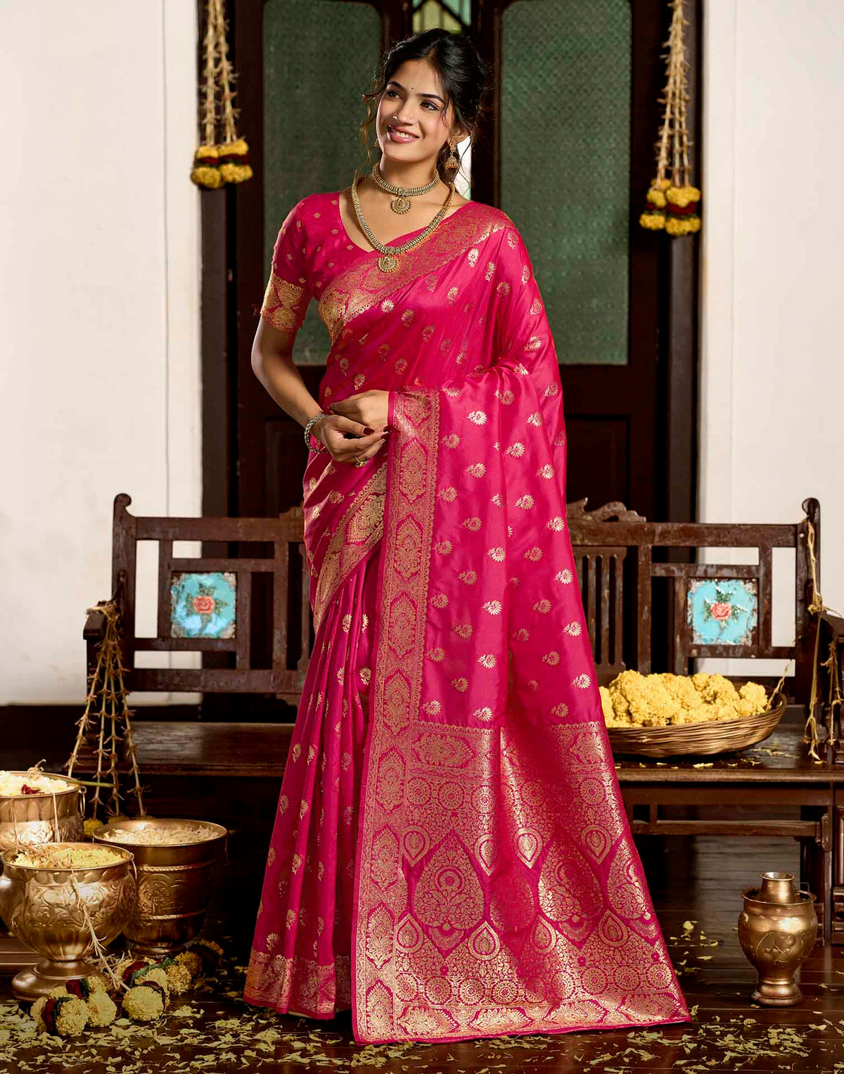 Rani Pink Silk Woven Banarasi Saree
