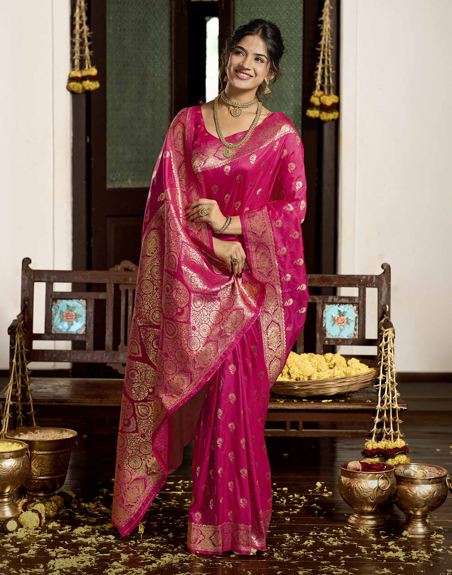 Rani Pink Silk Woven Banarasi Saree